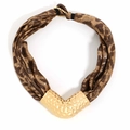 Detail of V-shaped gold hammered metal and leopard print fabric on necklace - Coffee Leopard Style (X-1383)