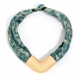 Macro detail of blue leopard print fabric and hammered gold V-shape pendant necklace - Peacock Blue Leopard Style (X-1383)