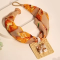Chic orange floral silk scarf necklace featuring a gold square pendant with pearl inlay - Style 3 (Warm Orange Floral Pattern)