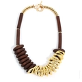 Close-up of black and gold necklace showing wood beads and golden toggle clasp detail - Coffee (X-1236)