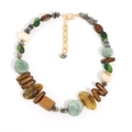 Bohemian beaded necklace featuring brown wood, green stones and gold heart pendant - No Pendant Style (X-1230 No Pendant)