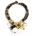 Retro leopard print scarf necklace with oversized pearls and gold heart charms - Black (X-1414)