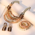 Multilayer bohemian necklace set with faux pearls, wooden beads and golden metal chains - Necklace+Earrings+Bracelet (X-741)