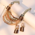 Detail of bohemian layered necklace with pearls, wood beads and gold metal chains - Necklace+Earrings (X-741)