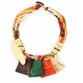Bohemian statement necklace with colorful fabric rope and resin geometric pendants - Multicolored Scarf Rope With Golden Butterfly Pendant (X-1300)