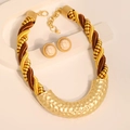 Vintage hammered gold U-shape necklace and round stud earrings set for women - Necklace + Earrings Set