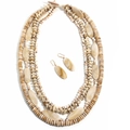 Detail view of ethnic multi-layer beaded necklace and earrings with natural stone textures - Beige Necklace + Earrings (X-1714)