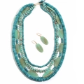 Detail of multi-layer turquoise beaded necklace set with matching oval drop earrings - Blue Necklace + Earrings (X-1714)
