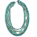 Multi-layer bohemian necklace with blue beads and green natural stones on white background - Blue Necklace (X-1714)