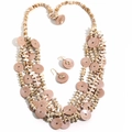 Detail of bohemian layered necklace with brown shell discs and natural bead accents - Necklace + Earrings Set / Beige