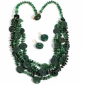 Detail of multi-layer beaded necklace and earrings set with green malachite stones - Necklace + Earrings Set / Green