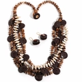 Detail view of bohemian multilayer necklace with brown discs and shell beads - Necklace + Earrings Set / Brown