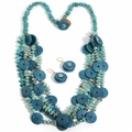 Detailed view of bohemian multi-layer turquoise bead necklace with brown cord - Necklace + Earrings Set / Blue