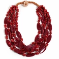 Close-up of multi-layer red acrylic beads and tribal stone chips with toggle closure - Necklace / Red Necklace