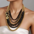 Multi-layer bohemian beaded necklace with gold metal accents and grey marble beads - Black