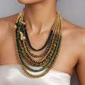 Bohemian multilayer necklace with gold metal beads and green natural stones for women - Green