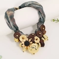 Statement ribbon necklace with green marble texture and gold metal flower pendant - Blue Brown