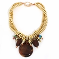 Macro detail of multi-layer beaded necklace with vintage marble texture round pendant - Dark Coffee Wood Texture (X-1376) / Dark Coffee
