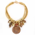Detailed view of multilayer gold beaded necklace with vintage marble textured pendants - Light Coffee Marble (X-1376) / Light Coffee
