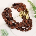 Collier multi-rangs bohème avec perles texture bois marron et gouttes d'eau dorées - Café (X-1216)