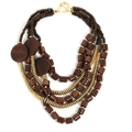 Multi-layer Bohemian beaded necklace with dark brown wood beads and gold toggle clasp - Multilayer Wood Bead Style (X-1241)
