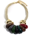 Chunky gold mesh necklace featuring seven large colorful resin teardrop pendants - Colorful