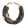 Multilayer bohemian necklace with green beads, wood accents and gold T-bar clasp - Bohemian Multi-Layer Beaded Style (X-1465)