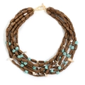 Bohemian multilayered necklace with brown wood beads, turquoise stones and shell fragments - Bohemian Multilayer Handmade Beaded Style (X-1556)