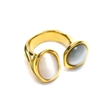 Goldener offener Ring mit zwei ovalen Opal- und Mondstein-Edelsteinen im Minimalismus - Gold Stil 6 (Weißer und Grauer Stein)