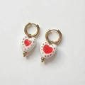 Detail of 18K gold plated hoop earrings featuring ceramic heart pendants with red patterns - Red Heart Decoration Style (DE203-F)