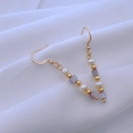 Detailed shot of handmade long tassel drop earrings with pearls and vintage beads - Grey Purple Square Bead Style (DE027)