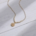 Golden heart link necklace featuring pearls and an evil eye pendant with colored stones - Evil Eye Coin Pearl Style (DN006-A)
