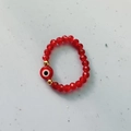 Ethnic style beaded ring with red faceted beads and blue evil eye charm detail - Red