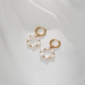 Golden geometric long drop earrings with freshwater pearls and stainless steel hoop - Pearl Cluster Hoop Dangle (DE034-B)