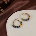 Close-up of handmade bohemian hoop earrings with colorful crystal beads on silk background - Multicolor Crystal Wrapped Hoop Earrings (DE032)