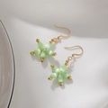 Detailed macro of pale green cat-eye stone flower earrings with gold-toned hooks - Cyan Green Cat's Eye Flower