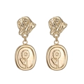 Vintage gold sunflower earrings with embossed metal relief on a minimalist white background - Sunflower Relief Oval