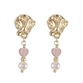 Pink heart and pearl drop earrings with hammered gold metal pieces for women - Pink Heart Cat's Eye Pearl