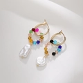 Detail of gold hoop earrings with colorful faceted crystal beads and baroque pearls - Hoop Bead Style (E040-A)