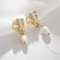 Elegant 925 silver needle drop earrings with irregular gold metal and natural freshwater pearls - Gold Irregular Metal Baroque Pearl (DE043-C)