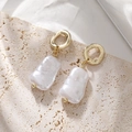 Elegant baroque pearl drop earrings with irregular gold rings on natural stone - Baroque Pearl Style (DE046-C)