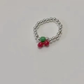 Elastic seed bead ring with cute red cherry charm and silver beads for women - Silver Bead Cherry