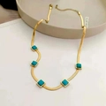 Gold plated snake chain necklace featuring five square turquoise stones for women - Blue Turquoise (Gold Chain)