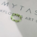 Detail of beaded stretch ring featuring mint green cat eye stone and silver metal beads - Inner Diameter 17-18mm / Steel/Cyan Cat's Eye