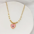 Détail du pendentif cœur rose avec motif œil et chaîne perlée plaquée or 18 carats - Rose