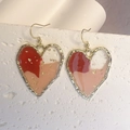Golden heart earrings with red and cream resin inlay and delicate gold foil flakes - Pink Color Block Heart Style (DE083 Pink)