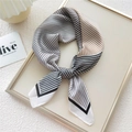 70x70 square neck scarf with elegant black and grey stripes in a stylish knotted display - Four Color Fine Stripes Black (4)
