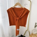 Caramel knit shoulder wrap in soft wool cashmere blend with ribbed trim and tie design - Orange Red