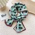 Slim light green floral silk scarf with vintage flower print and contrast brown border - Teal Octagonal Print