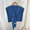 Royal blue cashmere knit shawl with front tie design on wooden hanger display - Dark Blue